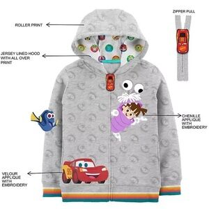 Disney Light Gray Kids Zip-Up Hoodie with Colorful Character Appliqués Unisex 7